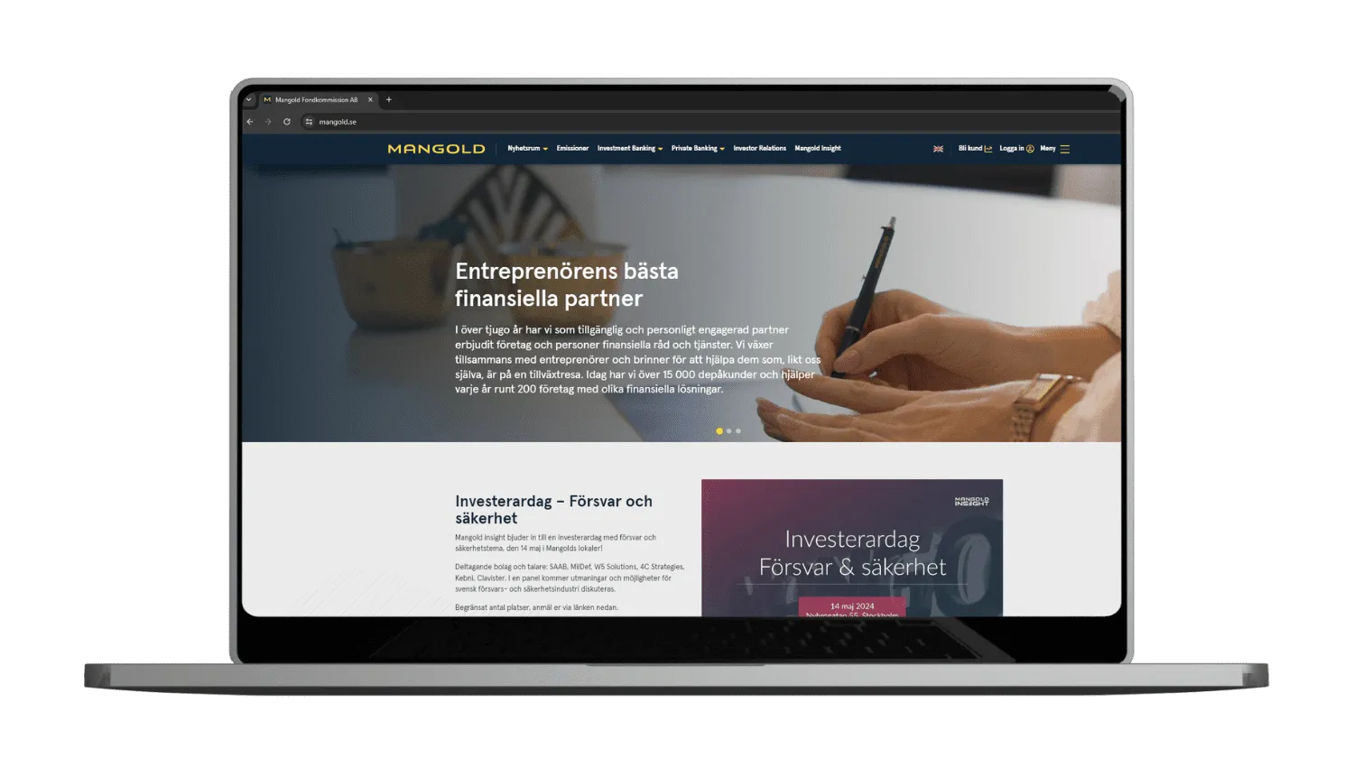 laptopskärm med Mangolds nya webbplats