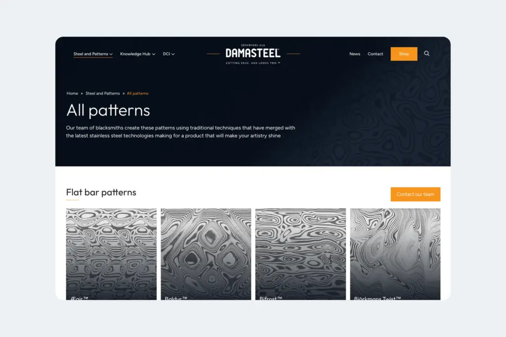 Skärmdump på Damasteels hemsida