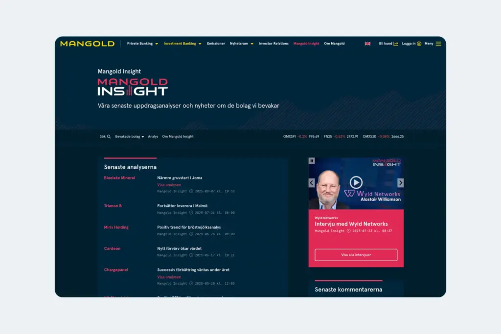 Skärmdump av Mangolds hemsida.