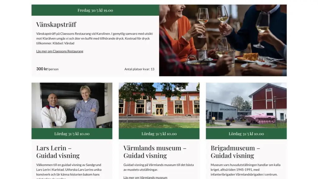 Skärmbild över en sektion på W6 Karlstadlogen som handlar om olika event.
