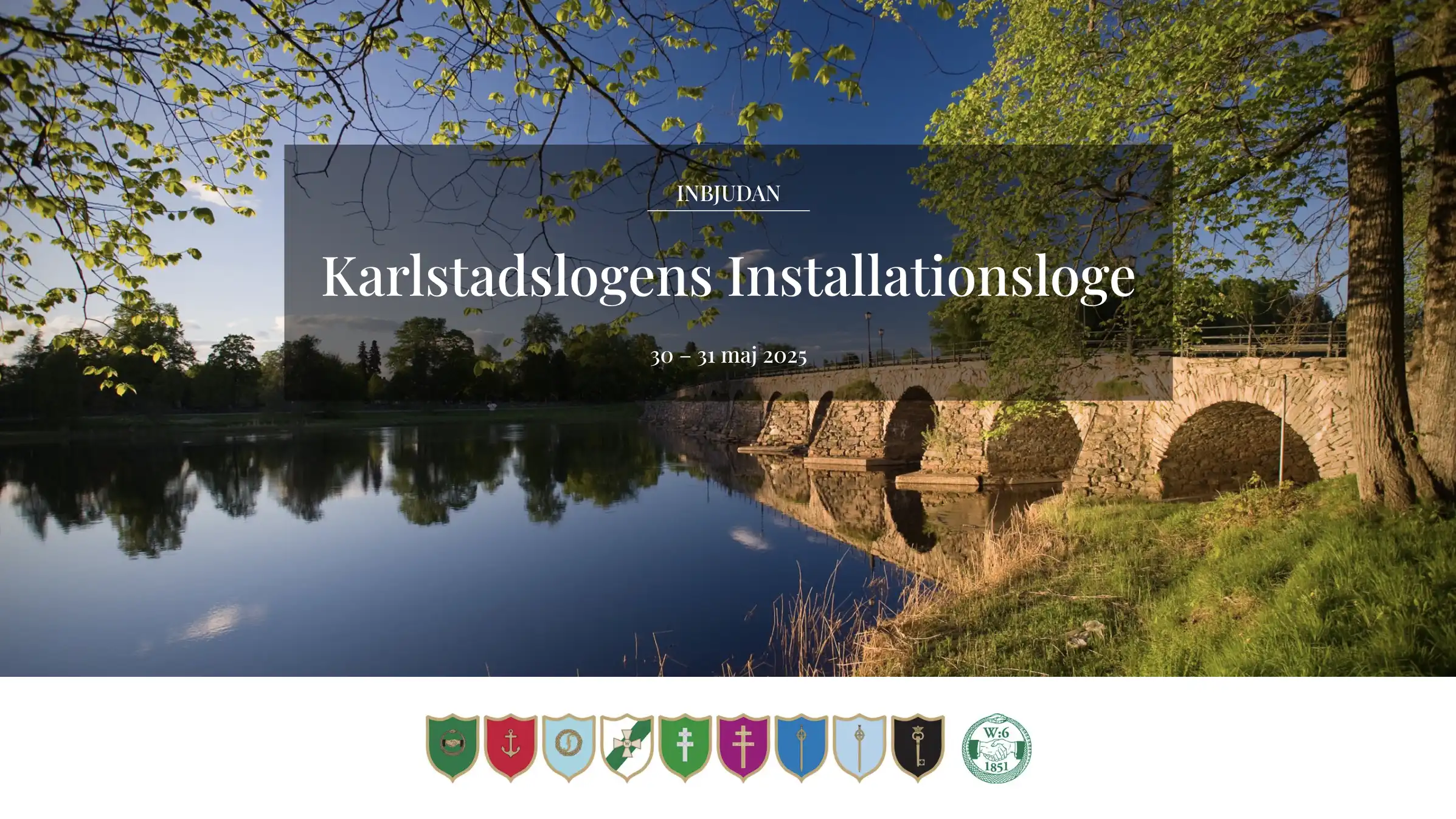 Skärmbild över startsidan på W6 Karlstadlogen. En stor bild med introduktionstext och sällskapets symboler nedanför.