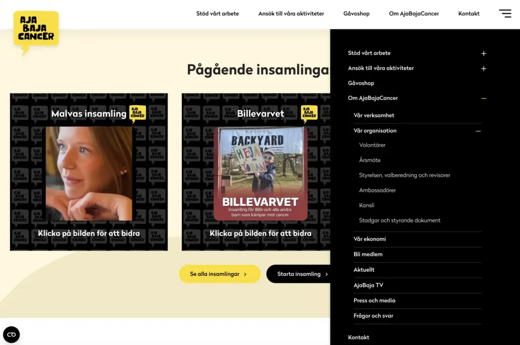 Skärmbild över pågående insamlingar på AjabajaCancer. Även sidomenyn till höger visas utfällt. Mörk bakgrund och ljus text.