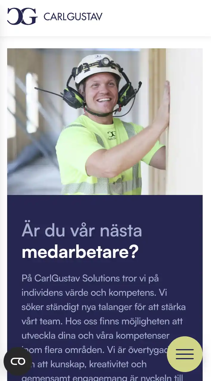 Skärmbild i mobilvy över en sektion på Carl Gustav Solutions. Med en bild och en mörklila bakgrund och ljus text.