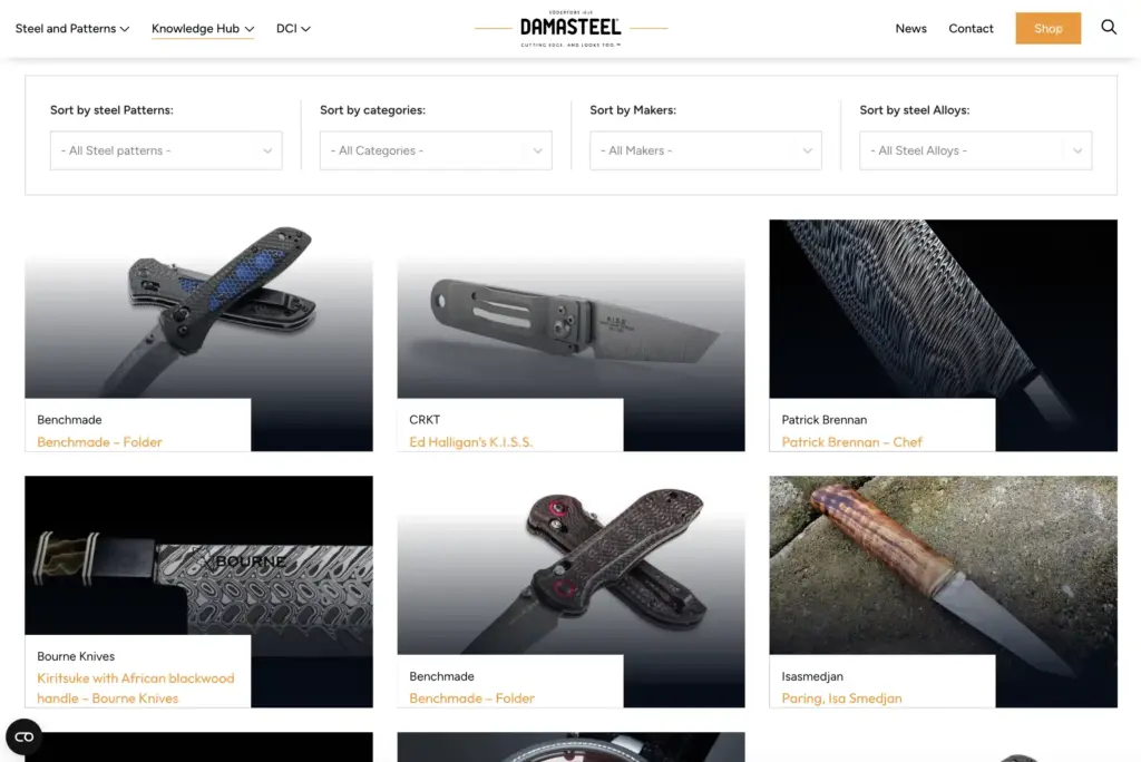 Skärmbild över produktflödet på Damasteel. 