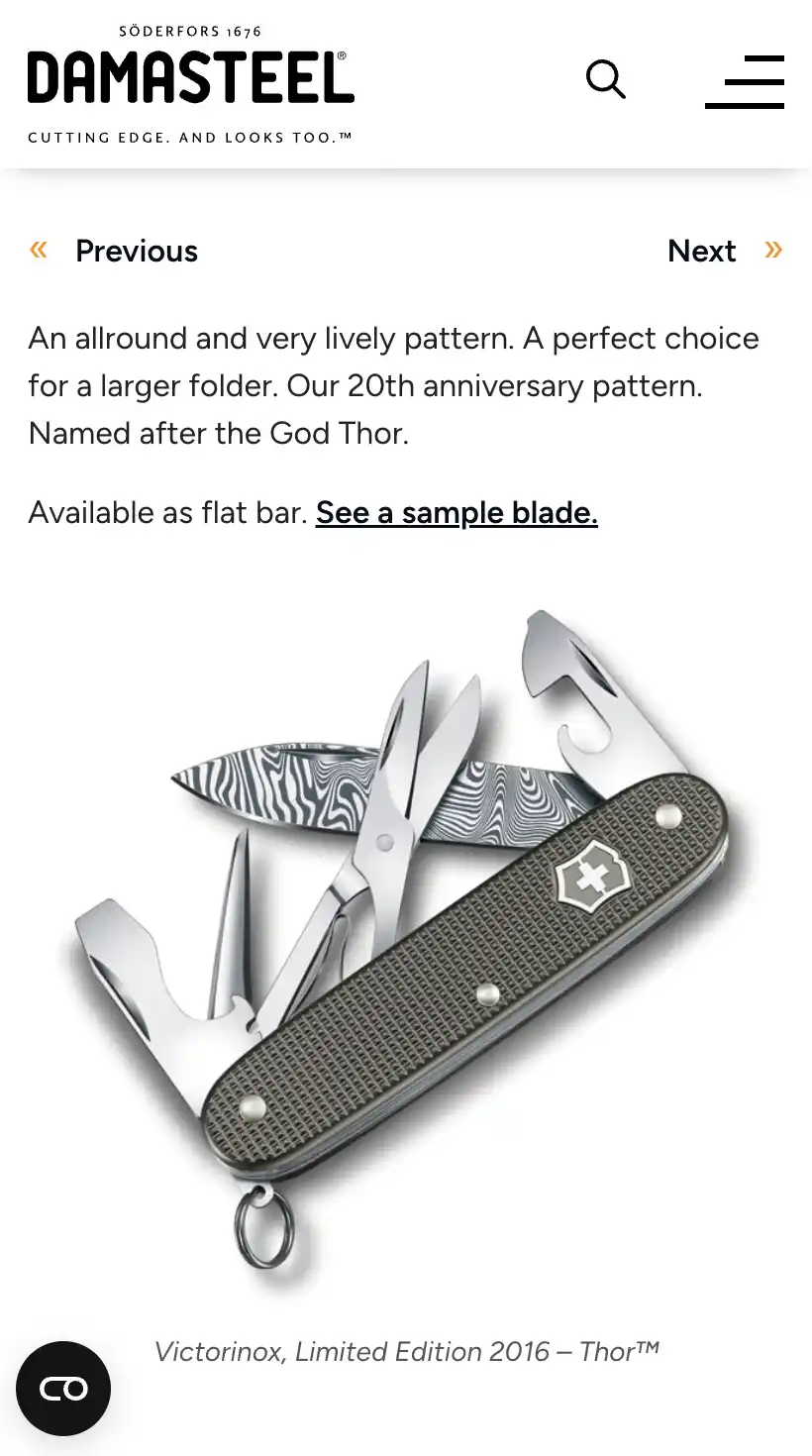 Skärmbild över en enskild produkt på Damasteel i mobilvy. Stilrent uttryck med tydlig information.