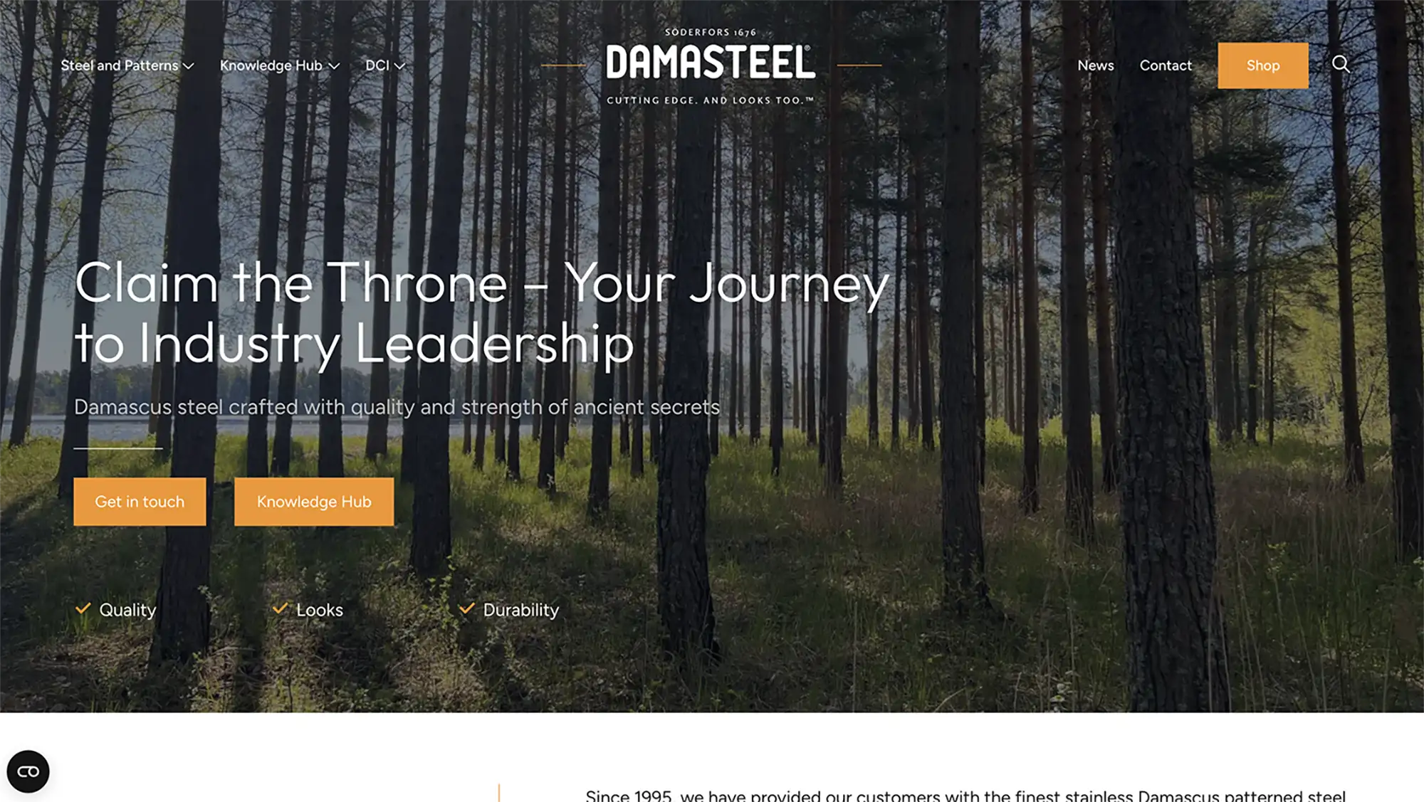 Skärmbild över startsidan på Damasteel. En hero med bakgrund som visar skogen samt mörk overlay med text och knappar.