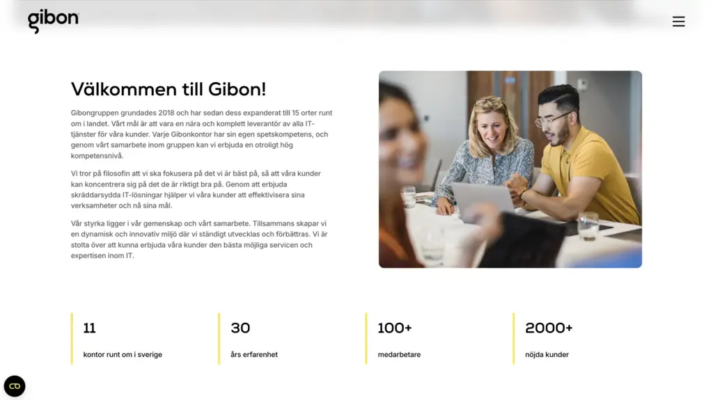 Skärmbild över en del av Om oss-sidan på Gibon. 