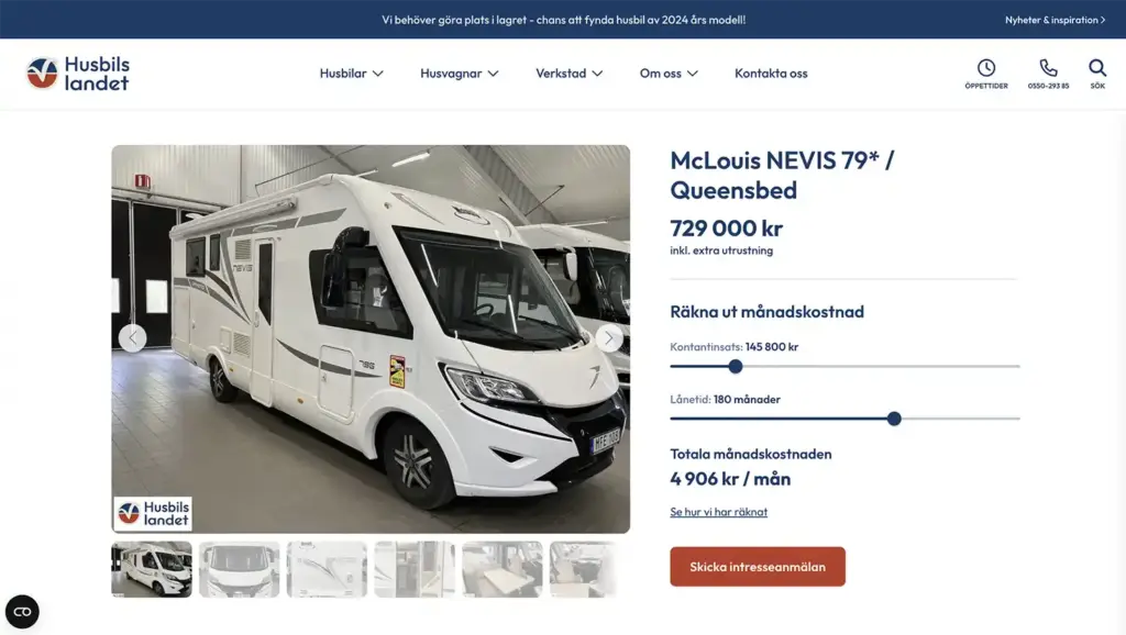 Skärmbild över en enskild produkt för husbilar på Husbilslandet.
