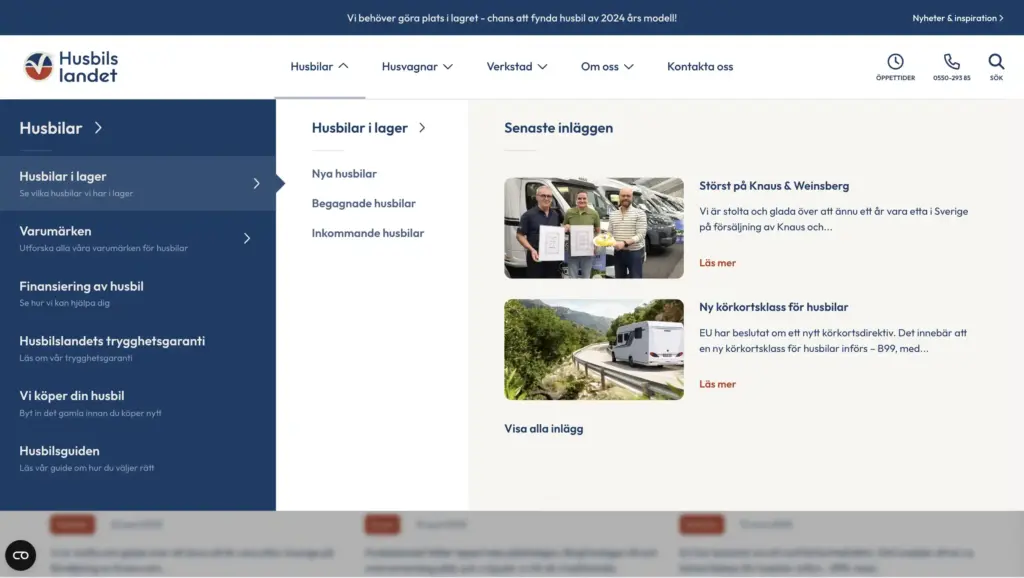 Skärmbild över den utfällda menyn på Husbilslandet.