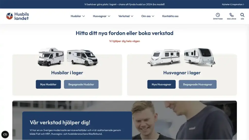 Skärmbild över en sektion på startsidan på Husbilslandet.