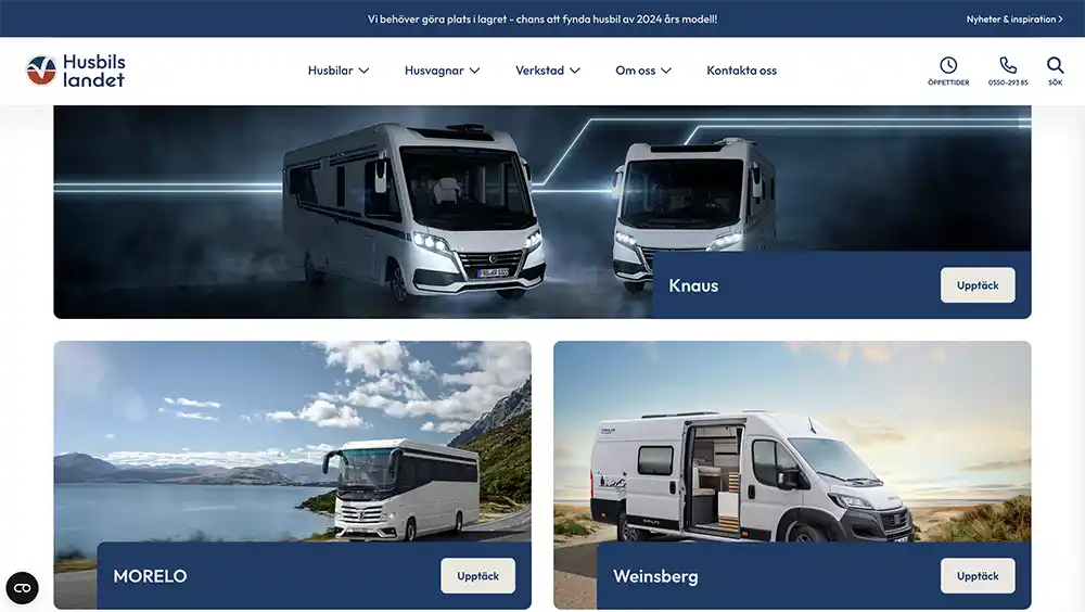 Skärmbild över en sektion med husbilar på Husbilslandet.