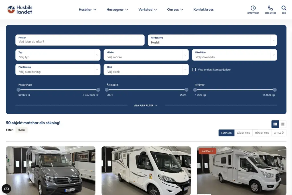Skärmbild över sidan för husbilar på Husbilslandet. Filtreringsfunktion och bevakning samt bilder och kort information om husbilarna.