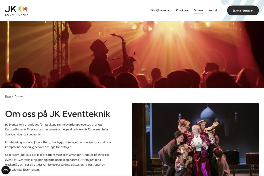 Skärmbild över sidan Om oss på JK Eventteknik.