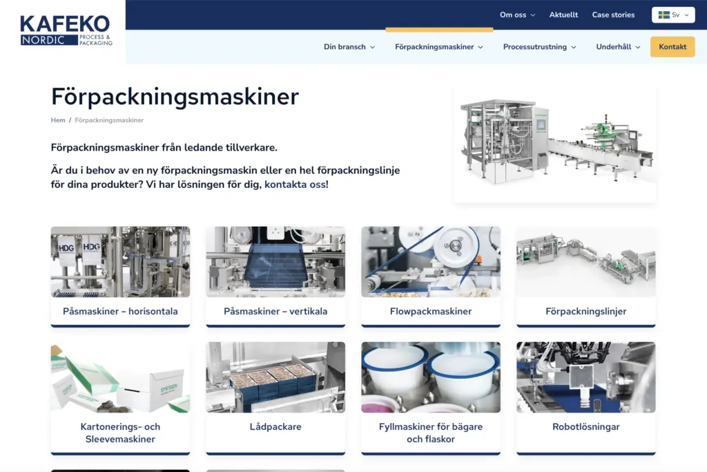 Skärmbild över sidan för Förpackningsmaskiner på Kafeko AB.