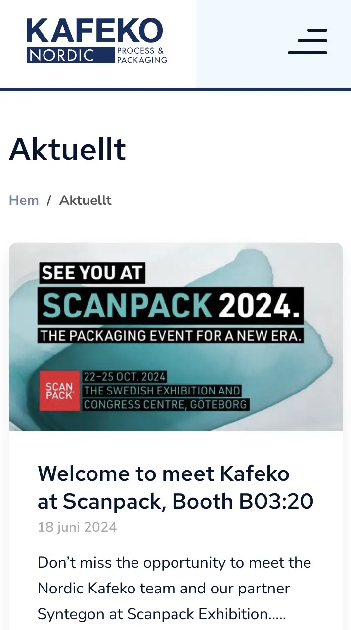 Skärmbild över sidan för Aktuellt i mobilvy på Kafeko AB.