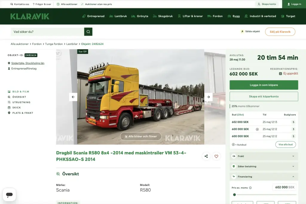 Skärmbild över sida för en enskild auktion på Klaravik.