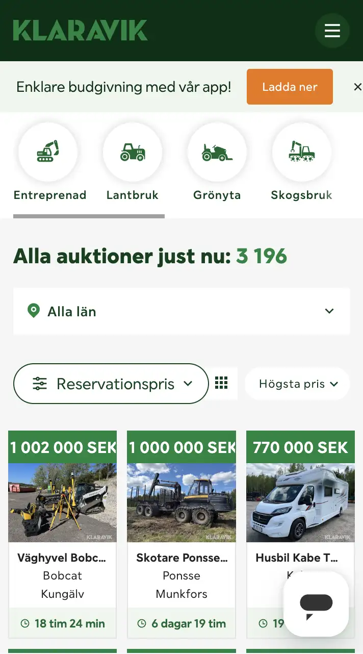 Skärmbild över sidan för Akutioner i mobilvy på Klaravik.