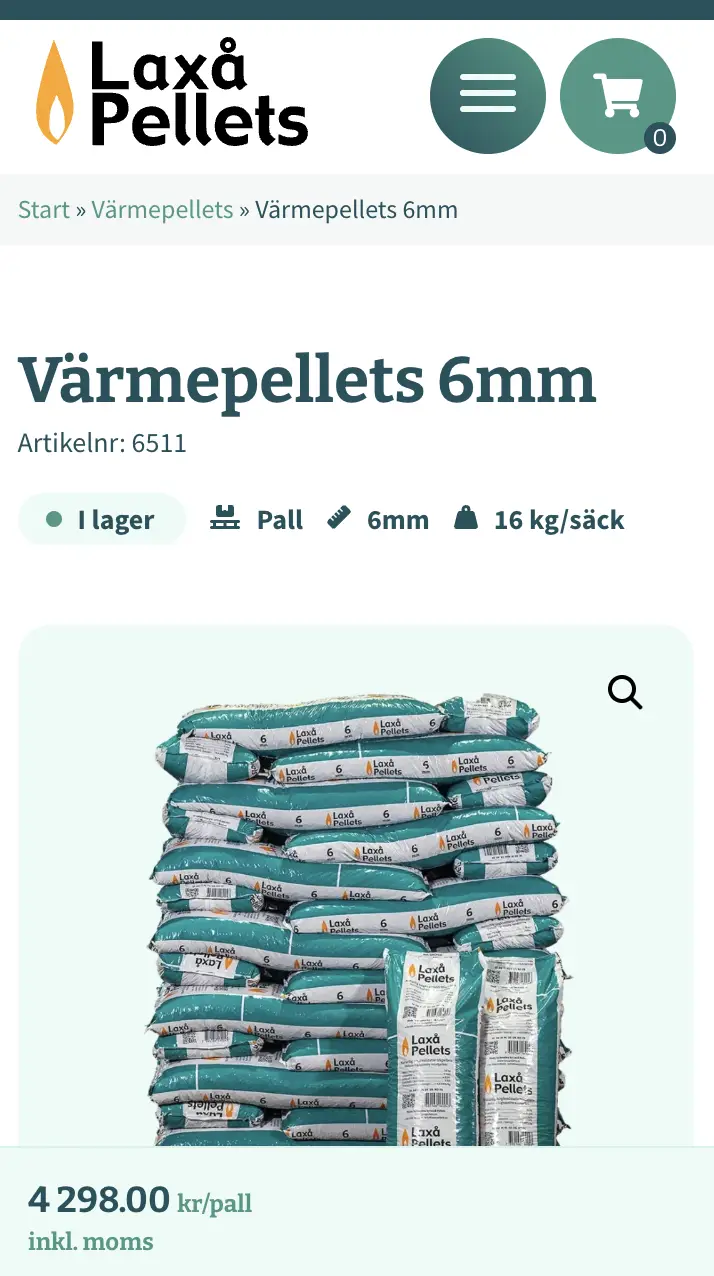 Skärmbild över en produktsida i mobilvy på Laxå Pellets.