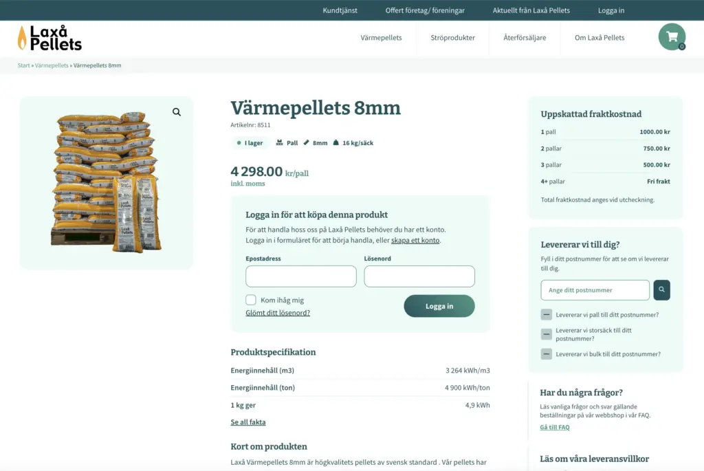 Skärmbild över en produktsida på Laxå Pellets.