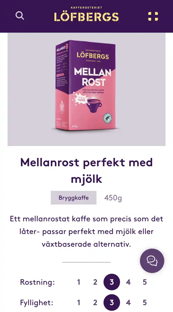 Skärmbild över en av Löfbergs produkter i mobilvy.
