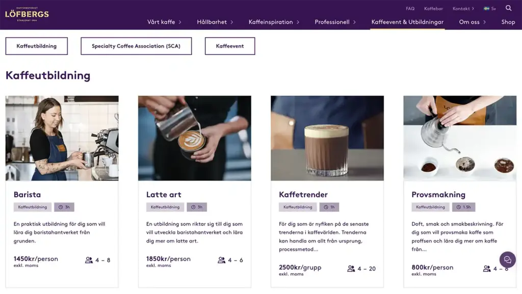 Skärmbild som visar en sida med Löfbergs olika utbildningar.