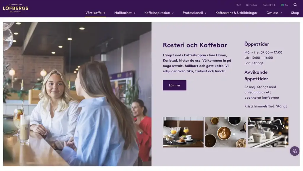 Skärmbild som visar en sektion på Löfbergs startsida.