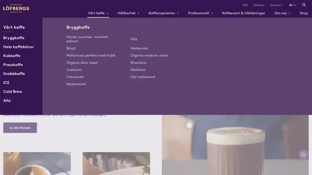 Skärmbild som visar den utfällda megamenyn på Löfberg.