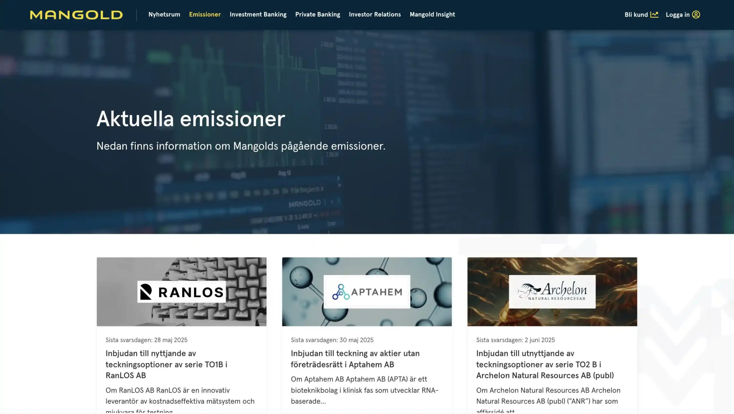 Skärmavbild över startsidan för Aktuella Emissioner på Mangold Emissioner. Heron har en mörkblå, overlay över bild med ljus text. Och sektionen under visar de aktuella emissionerna.