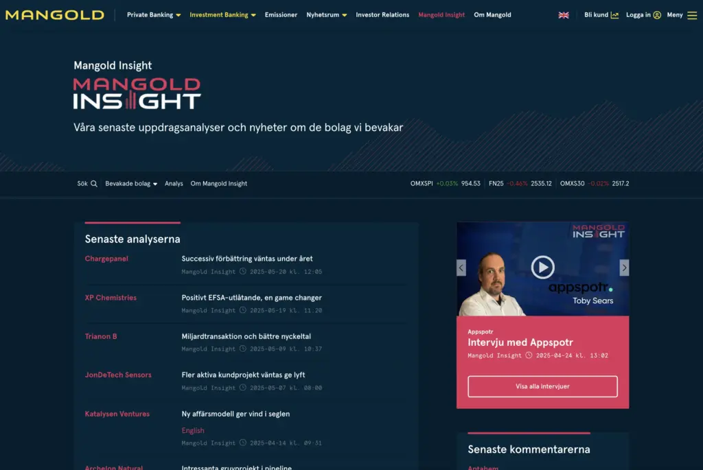 Skärmbild över en sida för Mangold Insight på Mangold Fondkommision AB.
