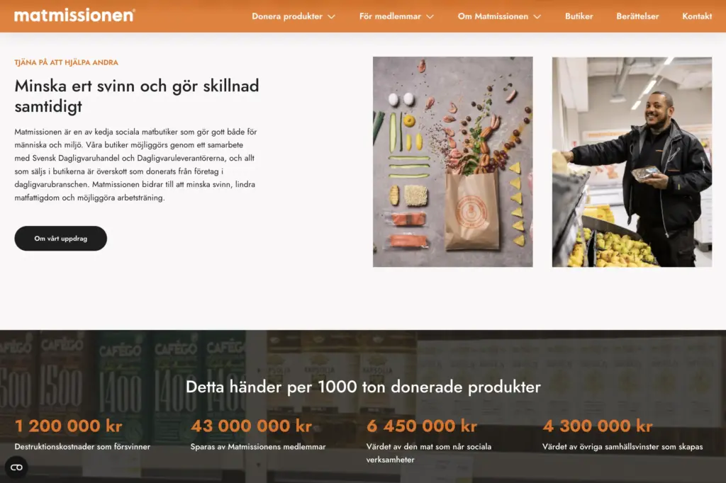 Skärmbild över en sektion på Matmissionen samt en sektion med metics.