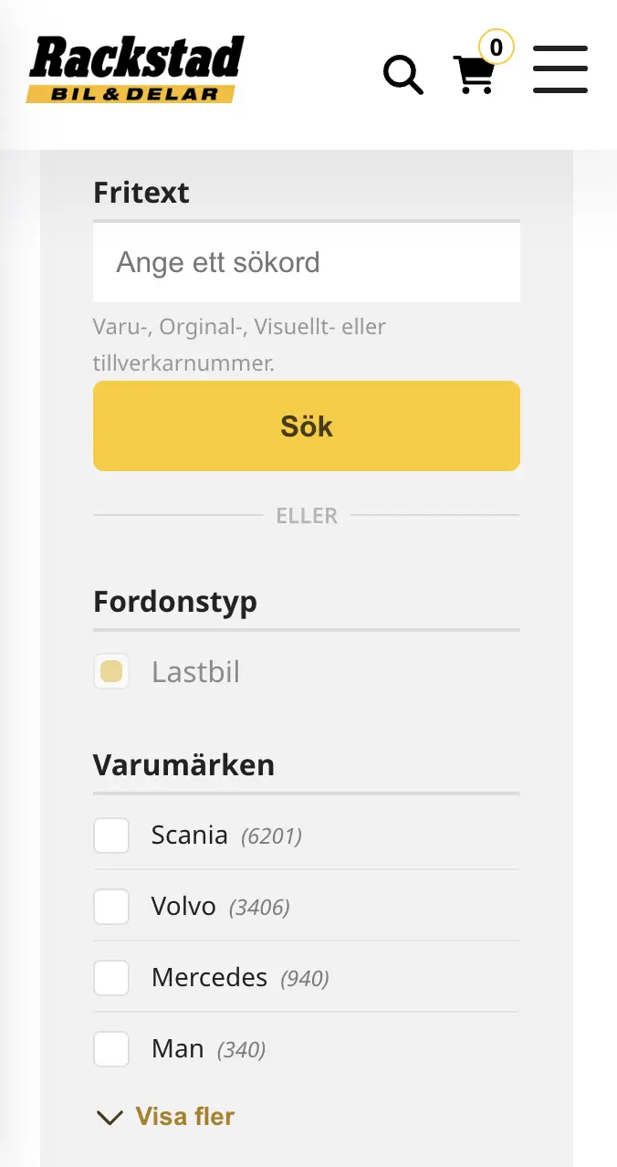 Skärmbild över sidan för produktfiltrering i mobilvy för Rackstad Bil & Delar.