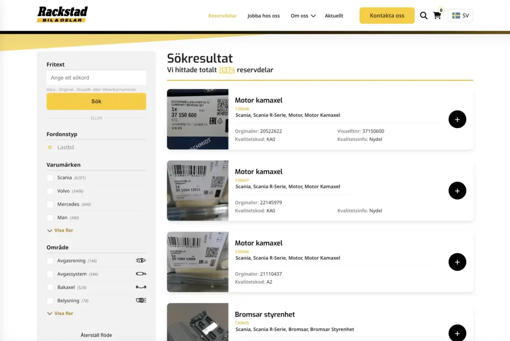 Skärmbild över sidan för produktfiltrering för Rackstad Bil & Delar.