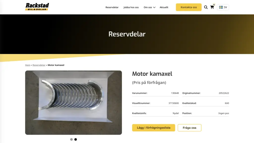 Skärmbild över en sida för en enskild produkt hos Rackstad Bil & Delar.