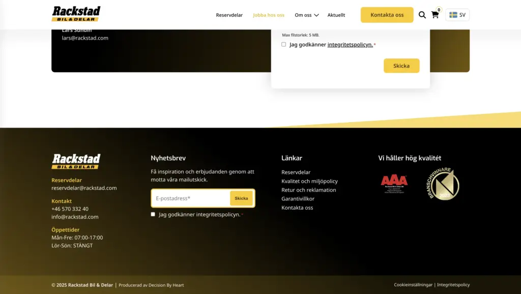Skärmbild över footer på Rackstad Bil & Delar.