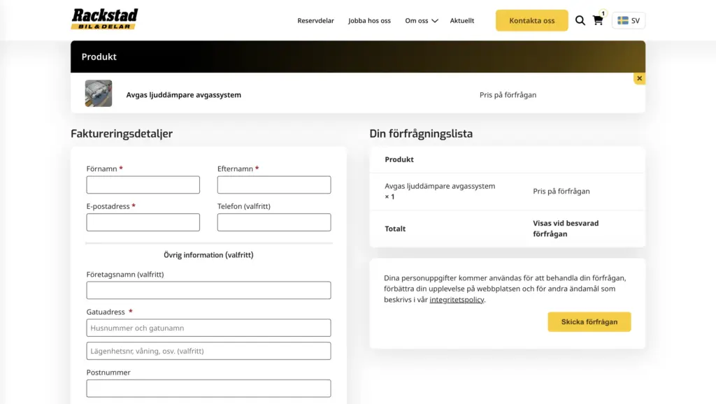 Skärmbild över en sida med formulär för en enskild produkt hos Rackstad Bil & Delar.
