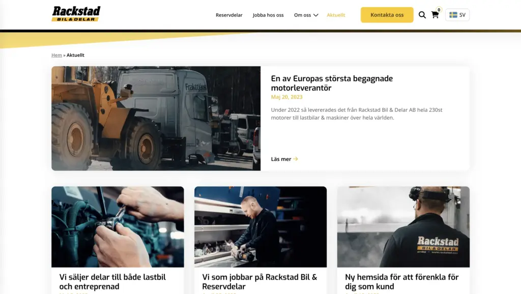 Skärmbild över sidan för aktuellt hos Rackstad Bil & Delar.