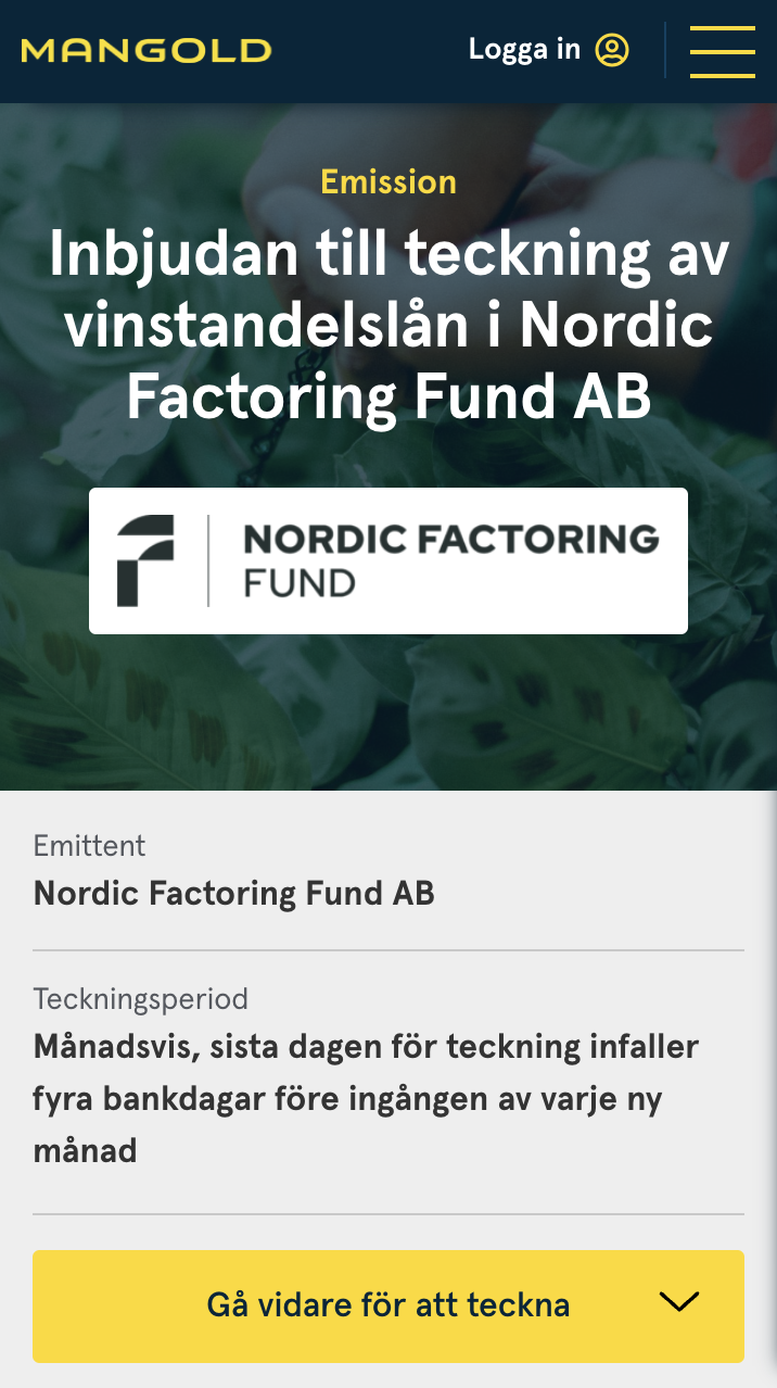 Skärmavbild över en enskild Emission på Mangold Emissioner, visas i mobilvy.