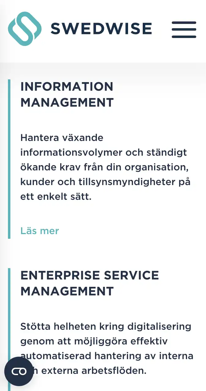 Skärmbild över en sektion för tjänster i mobilvy på Swedwise.