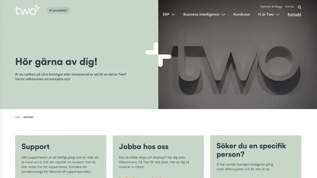 Skärmbild över kontaktsidan på Two. 