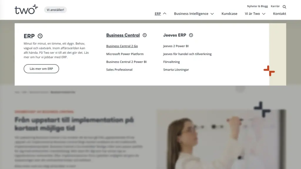 Skärmbild över den utfällda menyn på Two. 
