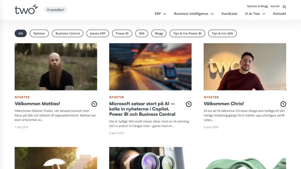 Skärmbild över en sida på Two med olika typer av inlägg samt möjlighet till filtrering.