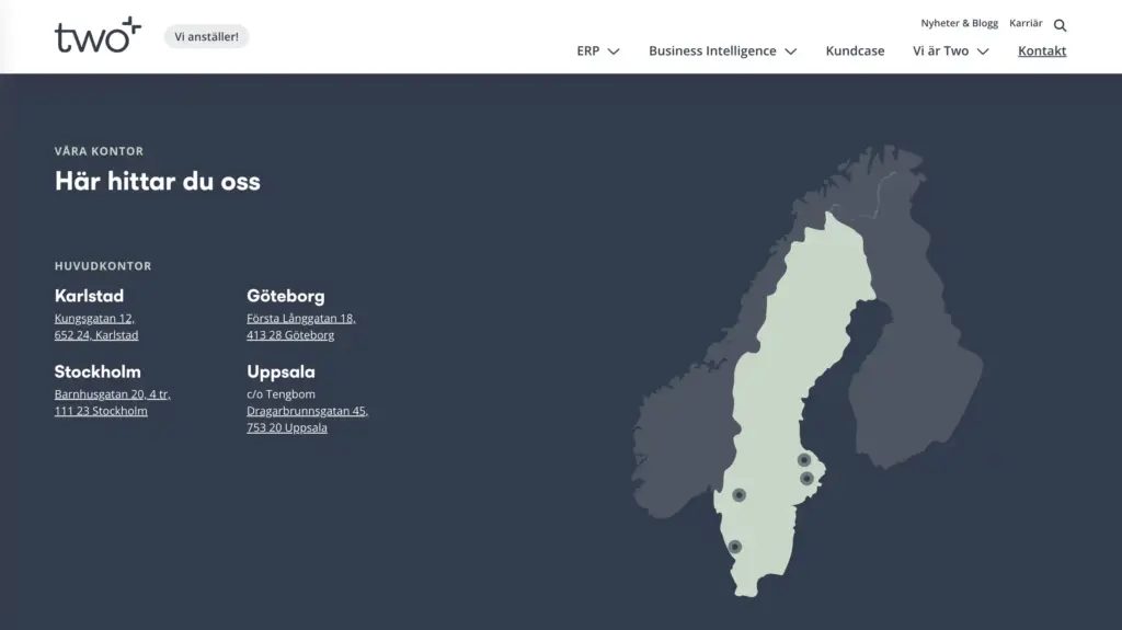 Skärmbild över kontaktsidan på Two med karta över kontor.