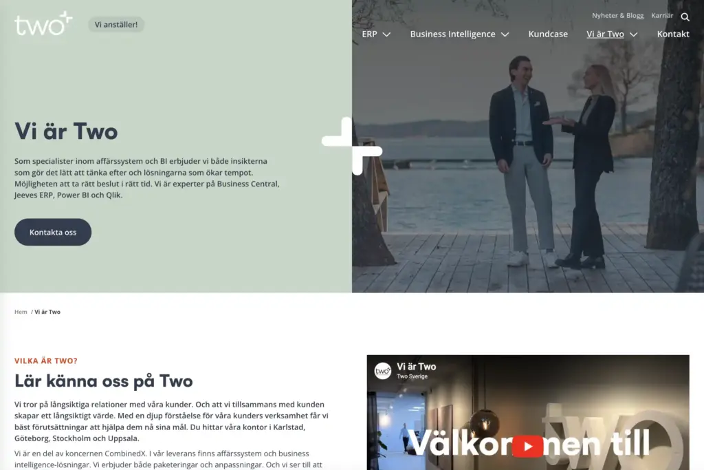 Skärmbild över sidan för Vi ät Two. Mjuka ljusare gröna toner som bryts av med mörkare blå.