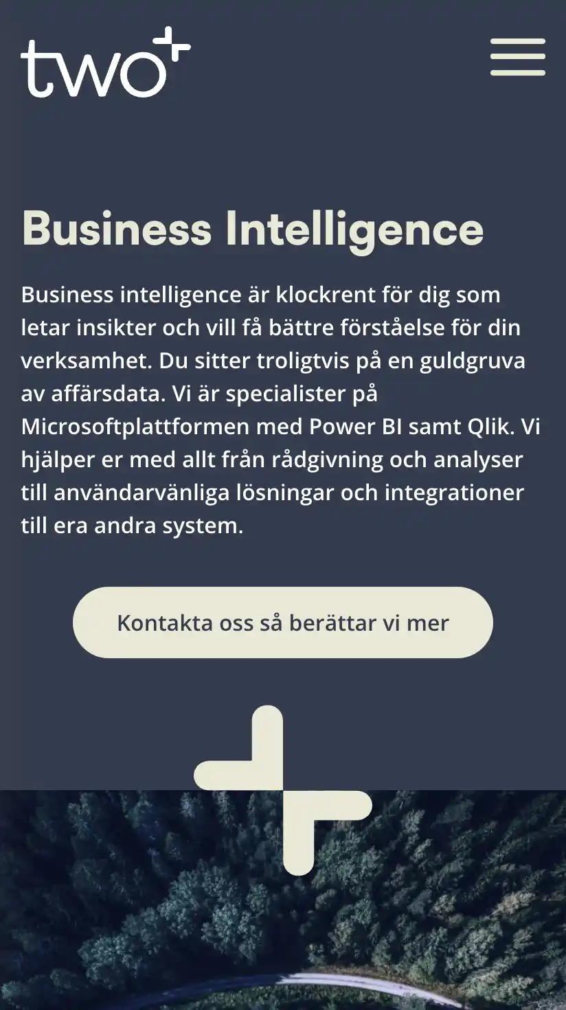 Skärmbild över sidan för BI (Business Intelligence) på Two, visas i mobilvy.