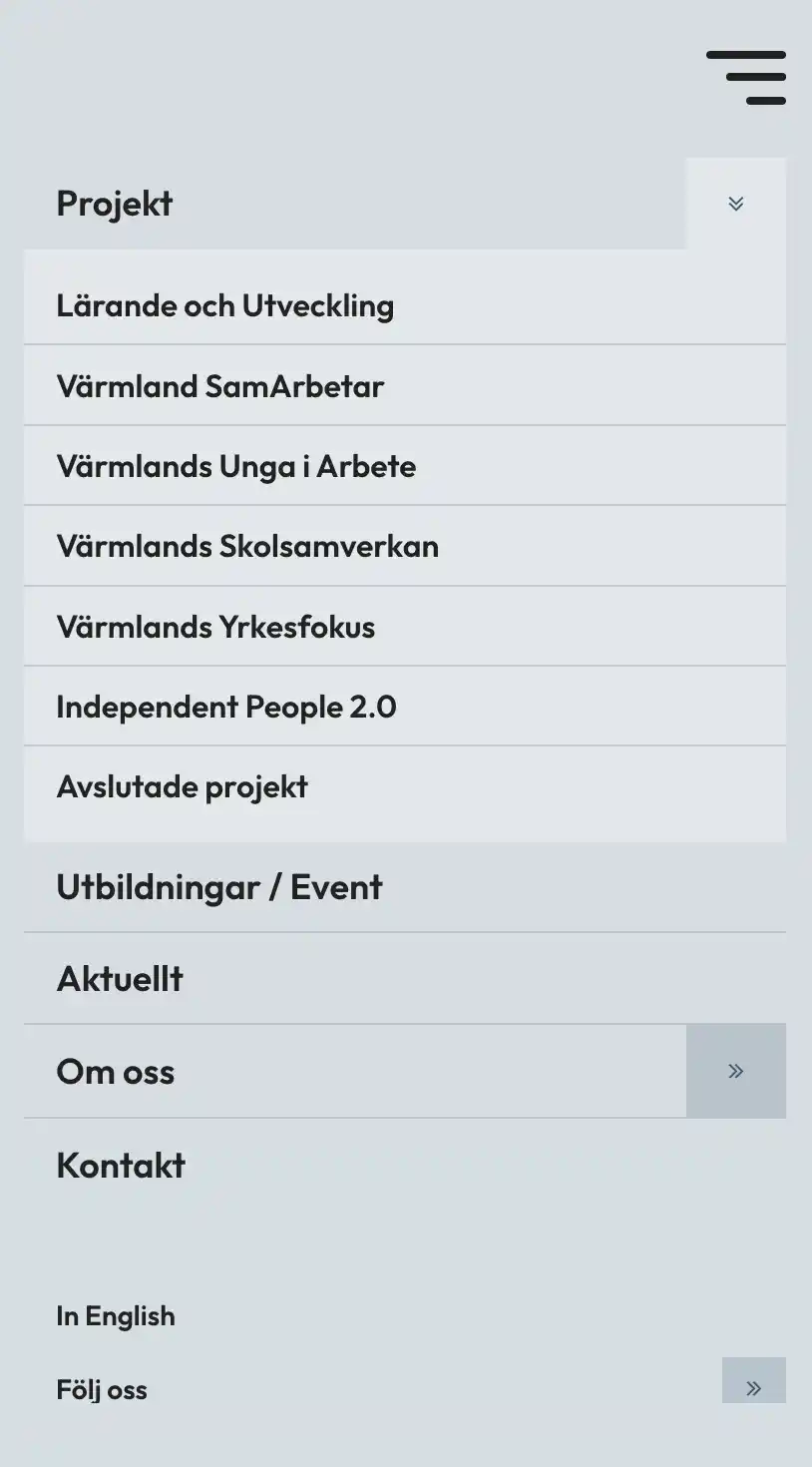 Skärmavbild över den utfällda menyn i mobilvy på Värmlands projektparaply. 