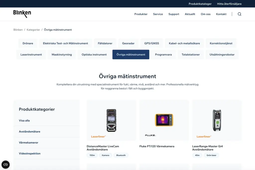 Skärmbild av produktsidan på Blinken i datorn, med produkter och produktkategorier.