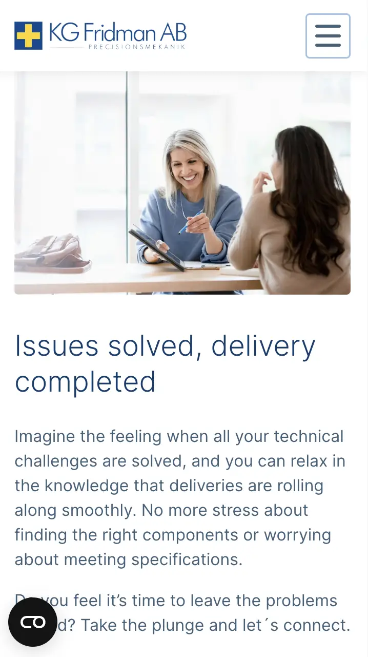 Skärmvy över KG Fridman startsida i mobilen, med ljusare toner och stilrent typsnitt.