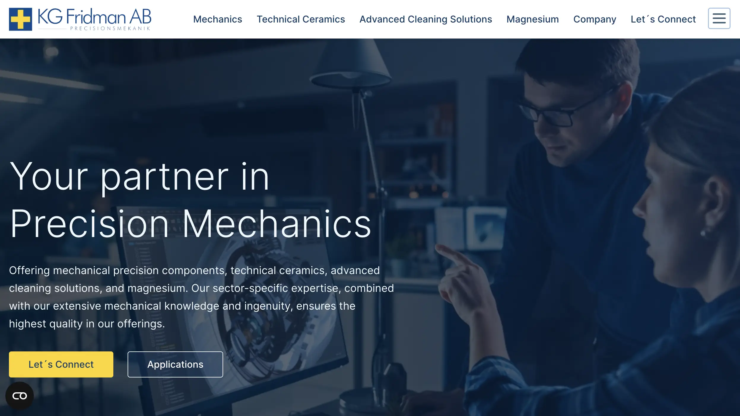 Skärmbild över KG Fridman startsida med mörkare toner och gula accenttoner.