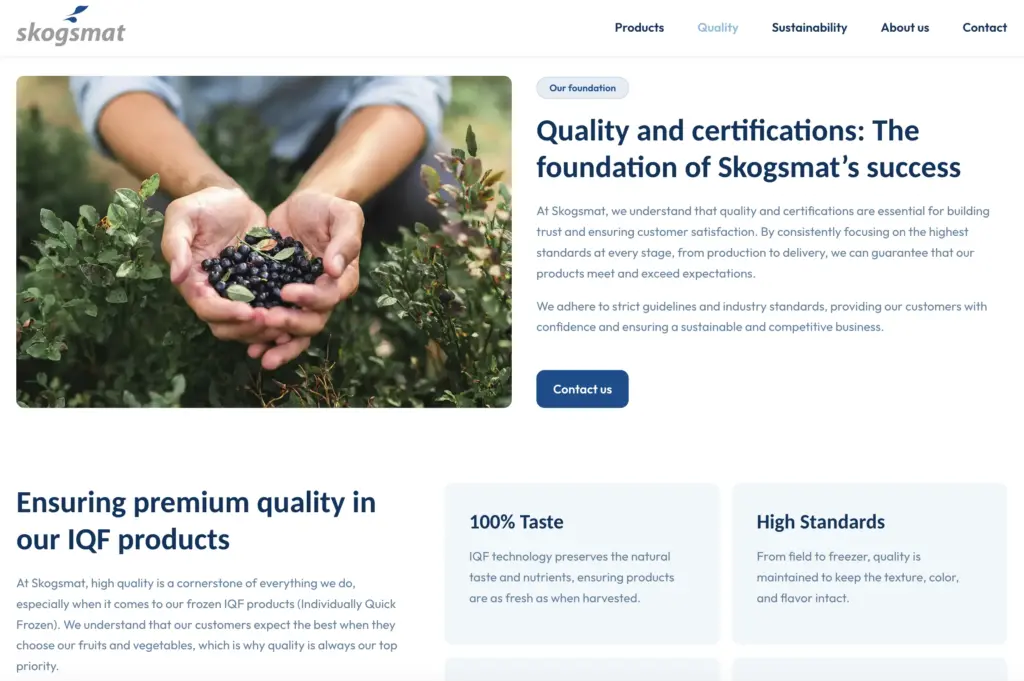 Skärmbild av om oss-sidan på Skogsmat med fokus på bilder och strukturerade textstycken.