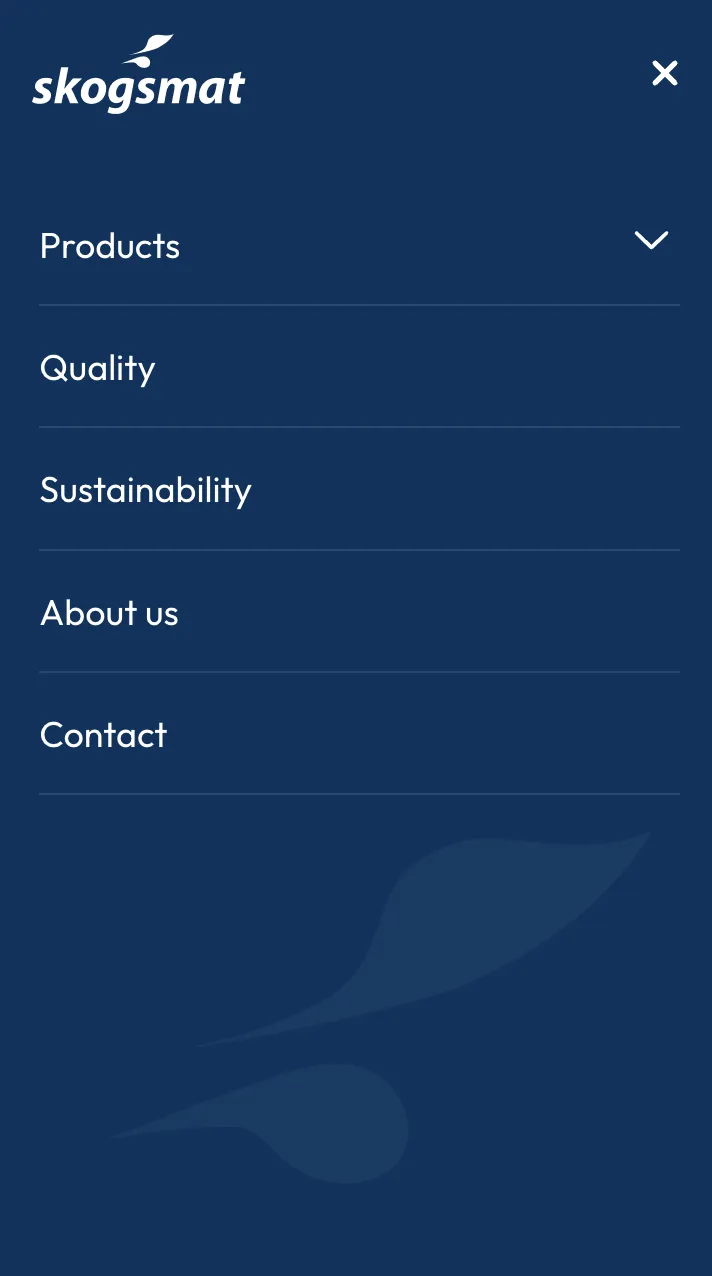 Skärmbild av den utfällda mobilmenyn på Skogsmat med mörkblå bakgrund.
